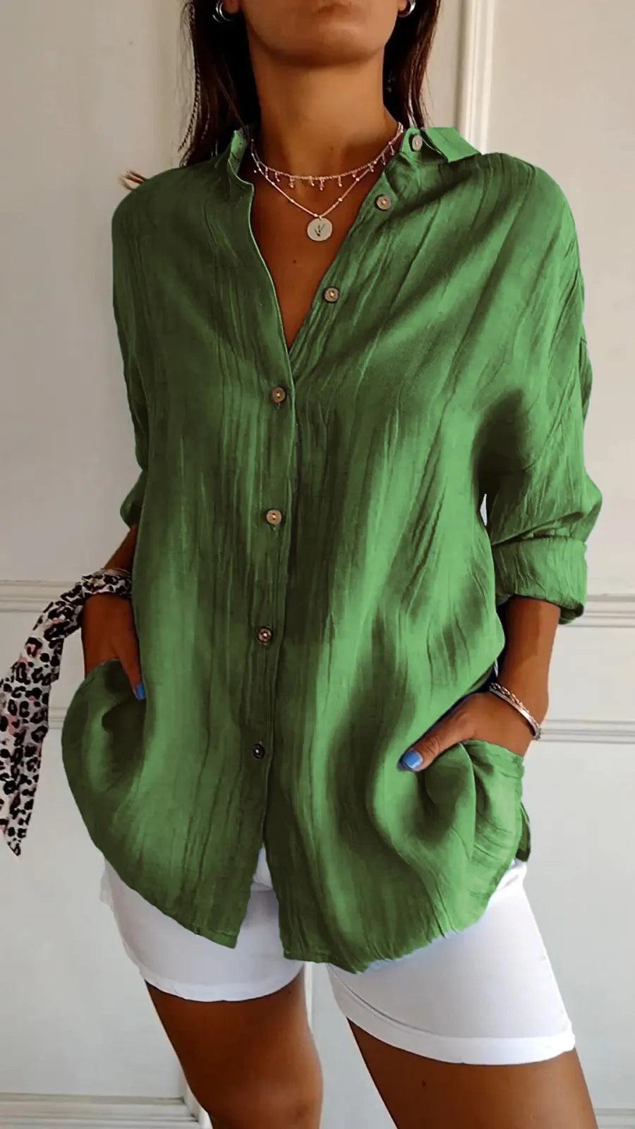 Lapel Long Sleeve Shirt Women's Single-breasted Pleated Shirt Tops Clothing