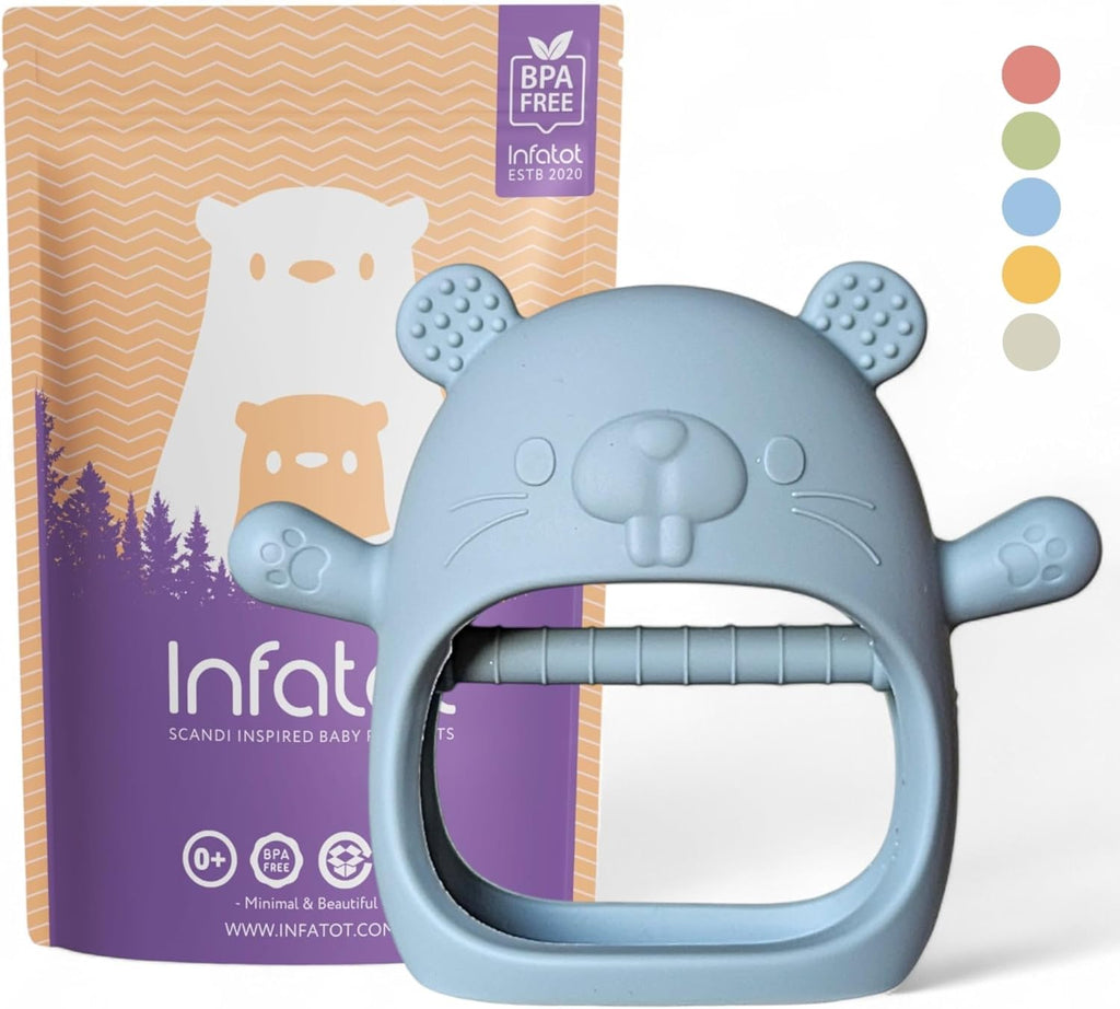 ® Teething Toys for Baby Gifts – Chipmunk Silicone Mitten Teether, Soothing Glove for Infants, Baby Toys 0-6 Months, Soft Chewable Teether Toy to Prevent Finger Sucking, CM Blue.