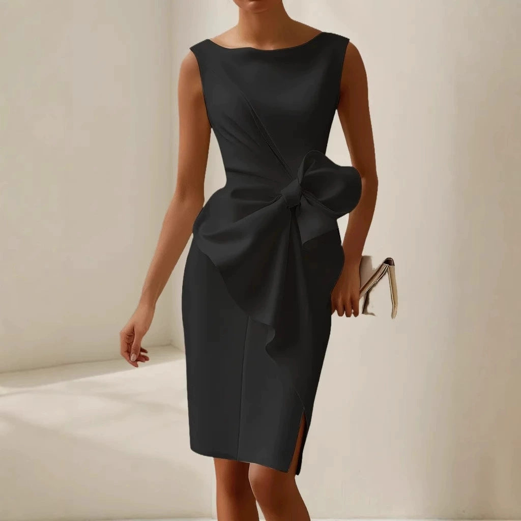 Fashion Bowknot Dress Solid Color Elegant Slim Sleeveless Dresses Women's Casual Office Party Clothing