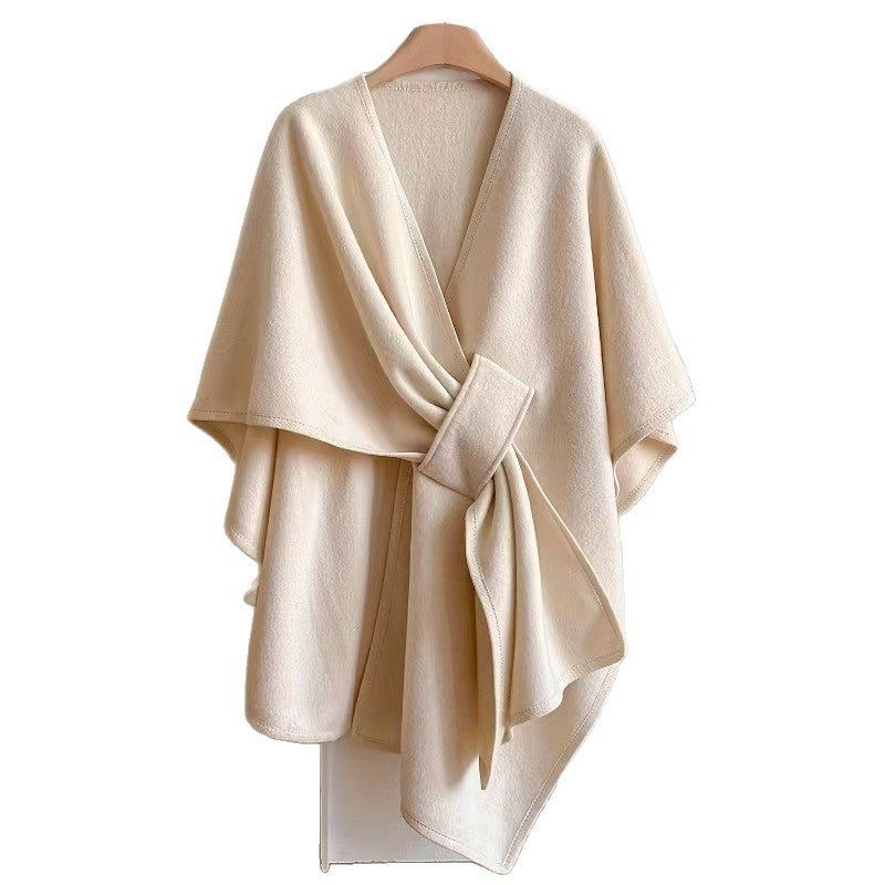 Fur Collar Fur Ball Knitted Cardigan Cape And Shawl