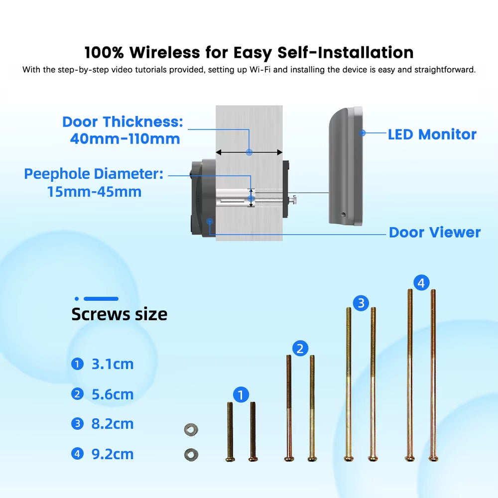 3MP Smart Life Tuya 1080P Wifi Door Bell Eye Peephole Camera 5000Mah Battery PIR Motion Detector IR Alexa Google Digital Viewer