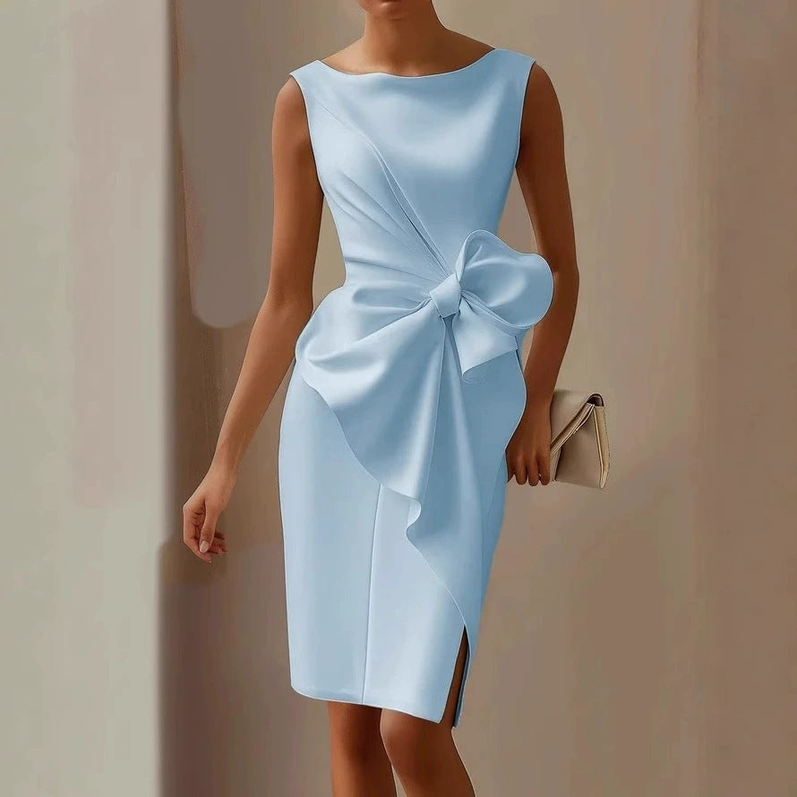 Fashion Bowknot Dress Solid Color Elegant Slim Sleeveless Dresses Women's Casual Office Party Clothing