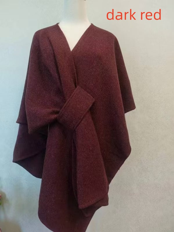 Fur Collar Fur Ball Knitted Cardigan Cape And Shawl
