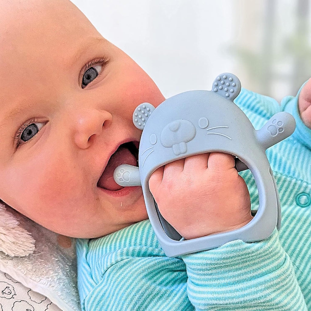 ® Teething Toys for Baby Gifts – Chipmunk Silicone Mitten Teether, Soothing Glove for Infants, Baby Toys 0-6 Months, Soft Chewable Teether Toy to Prevent Finger Sucking, CM Blue.