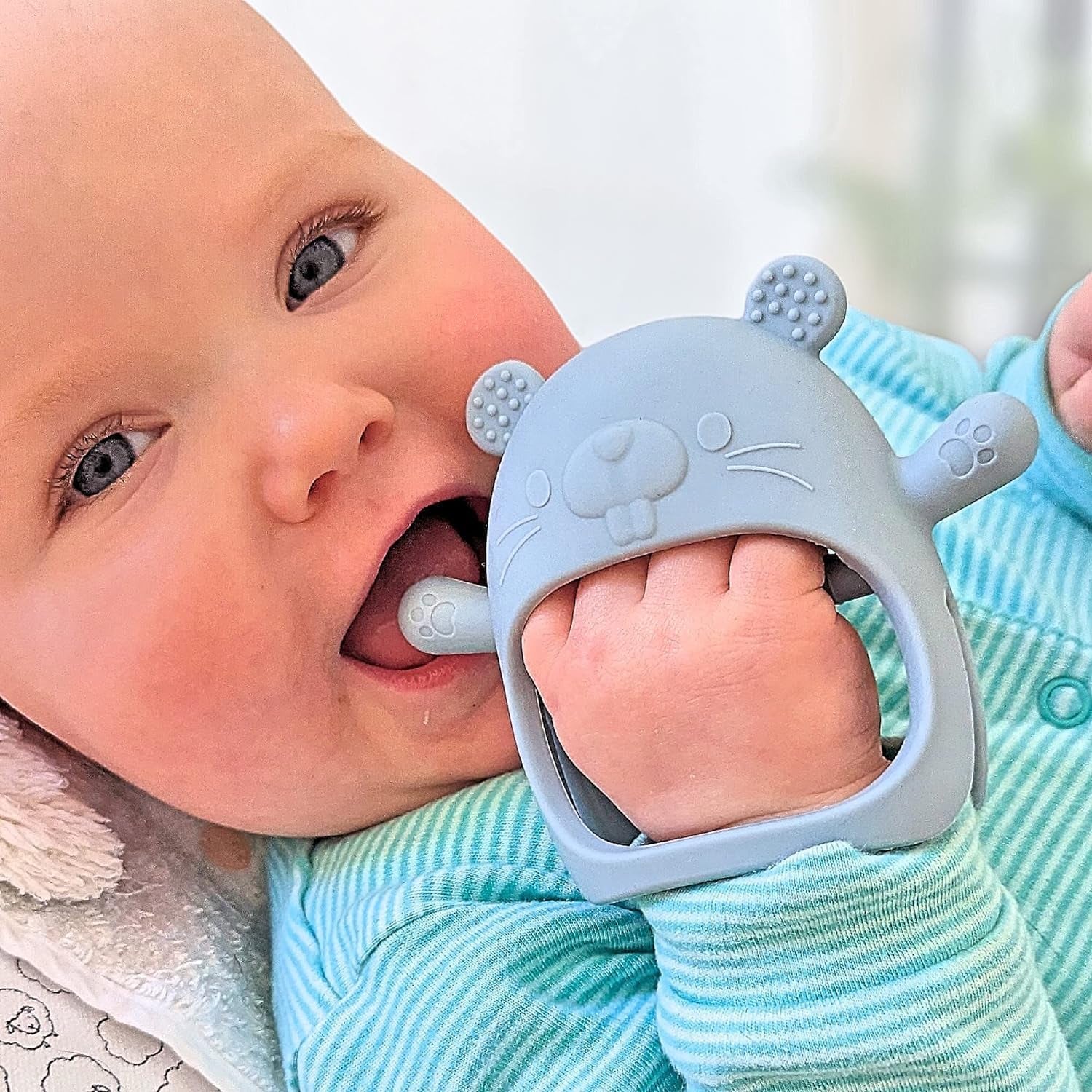 ® Teething Toys for Baby Gifts – Chipmunk Silicone Mitten Teether, Soothing Glove for Infants, Baby Toys 0-6 Months, Soft Chewable Teether Toy to Prevent Finger Sucking, CM Blue.