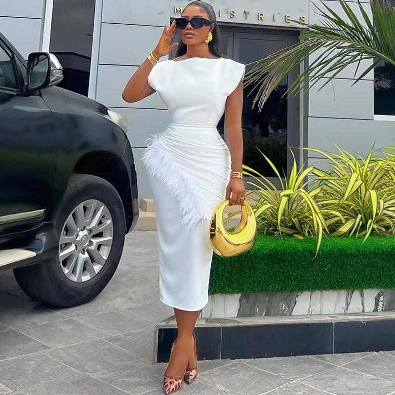 Women Dresses O Neck Pullover Solid Sexy Wrap Buttocks Vestidos Ankle Length Office Lady Dress Slim Fit Sheath Feathers