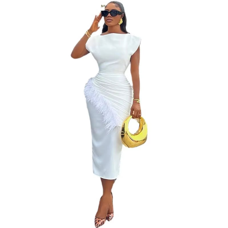 Women Dresses O Neck Pullover Solid Sexy Wrap Buttocks Vestidos Ankle Length Office Lady Dress Slim Fit Sheath Feathers